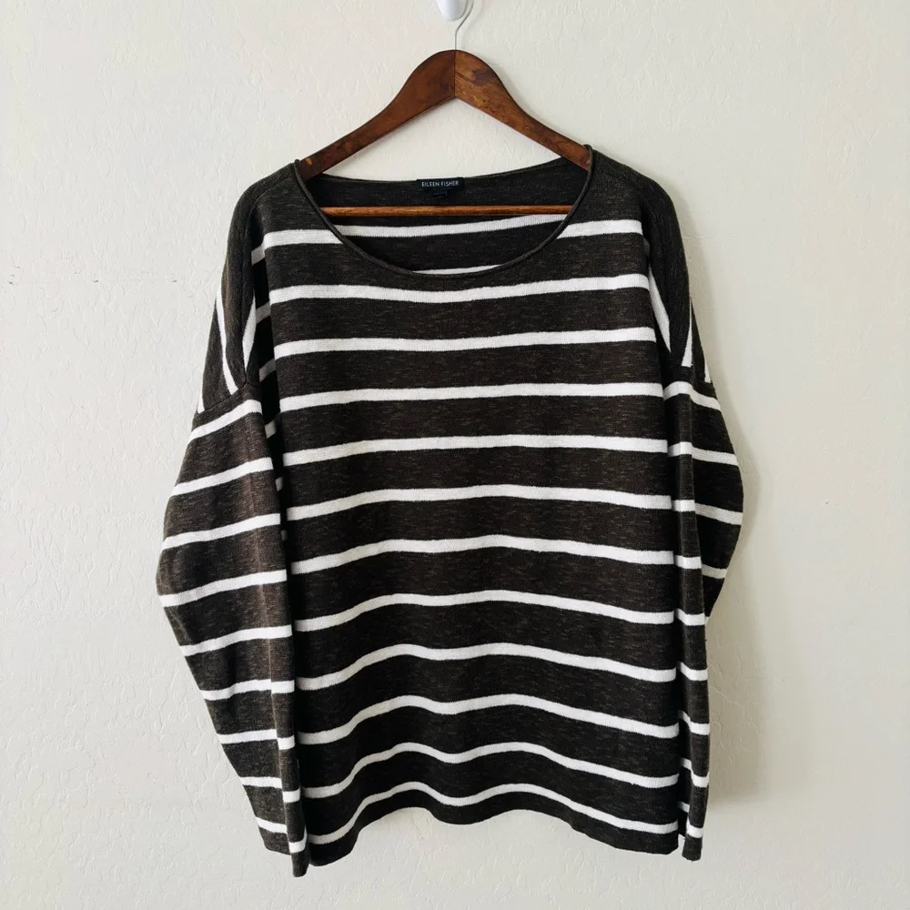 Eileen Fisher Dark Green‎ White Striped Knit Light Sweater Top Sz XL Linen Blend